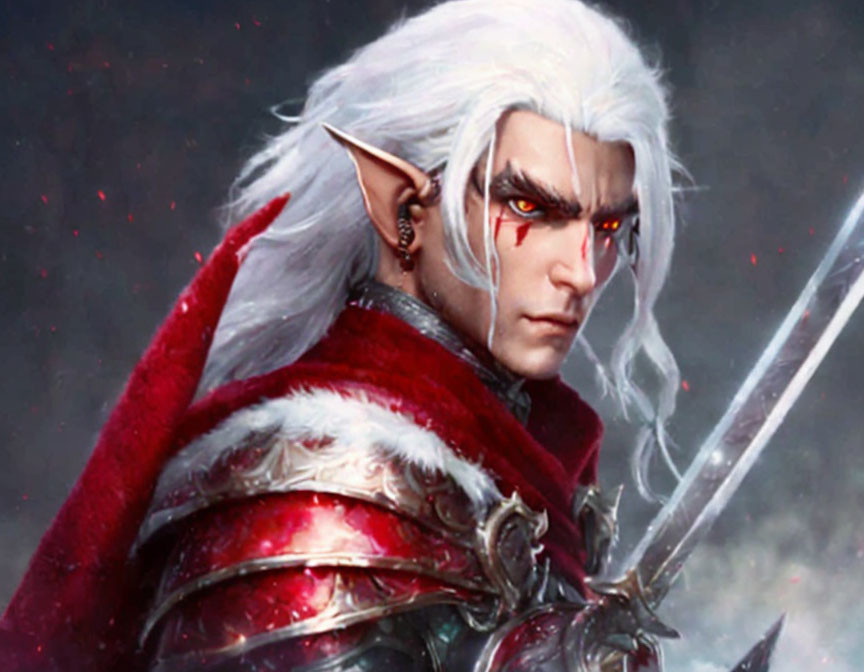 Male Elf Digital Art: White Hair, Red Armor, Sword