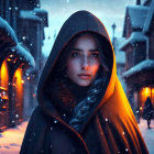 Person in Red Hooded Cloak in Snowy Twilight Scene
