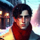 Digital artwork of young man in red scarf & yellow coat in wintry scene