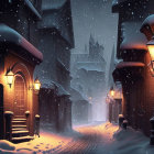 Snowy evening street scene with glowing windows, streetlamp, snow-covered rooftops, and gentle snow