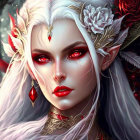 Fantasy elf with white hair, red eyes, and golden headpiece with red jewels.