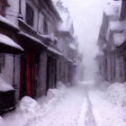 Snow-covered quaint town street during heavy snowfall
