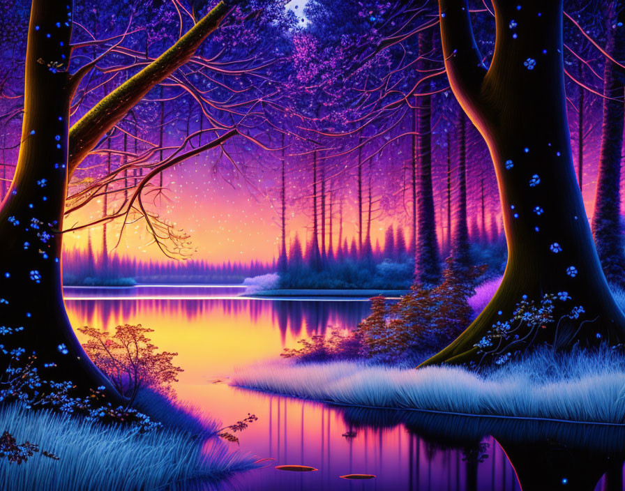 Mystical forest digital artwork with glowing purple and pink hues