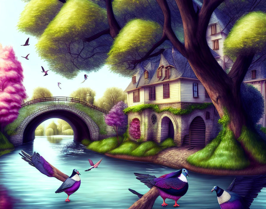 Colorful riverside scene with trees, houses, bridge, and birds