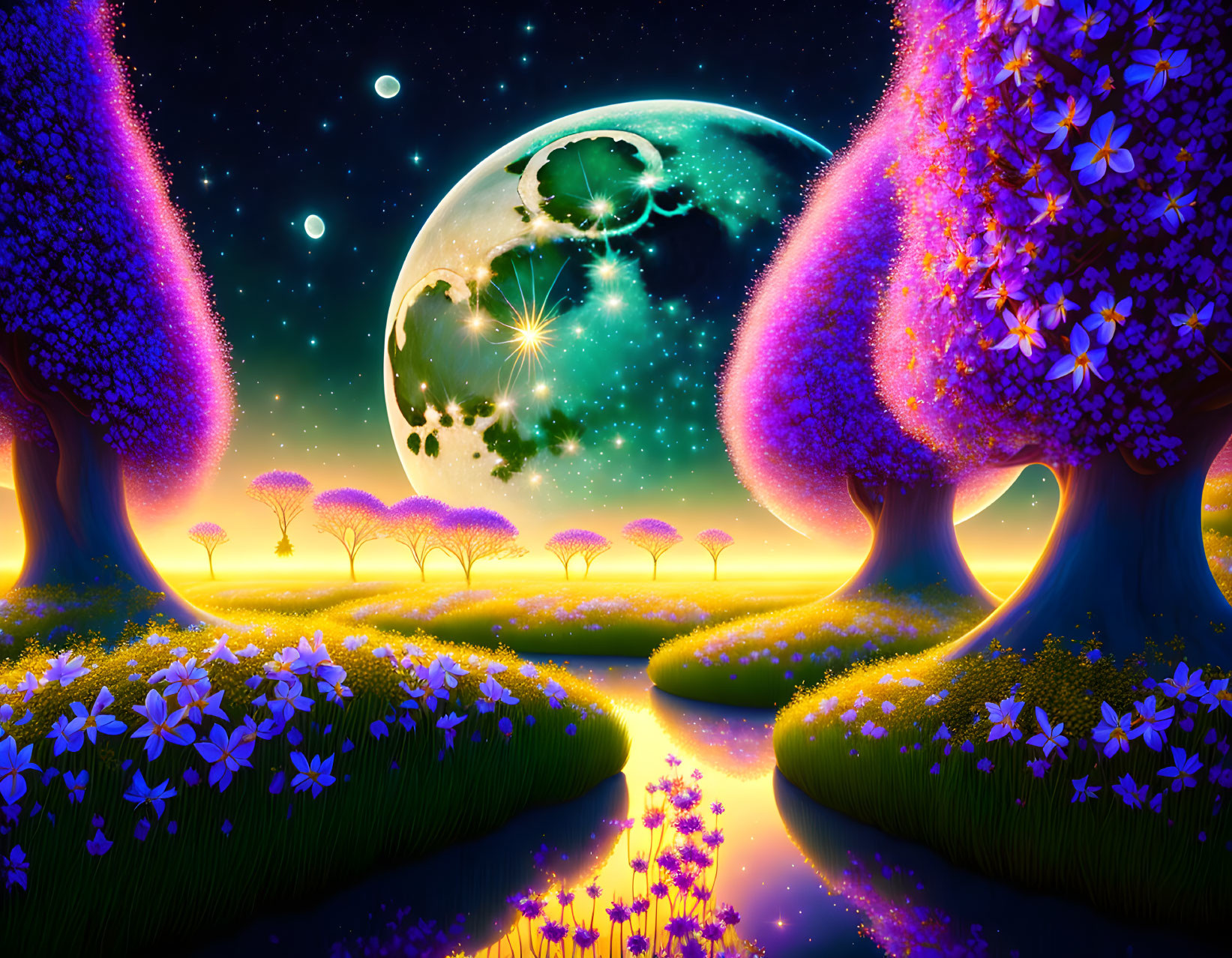 Nighttime fantasy landscape with luminescent trees, reflective river, oversized moon.