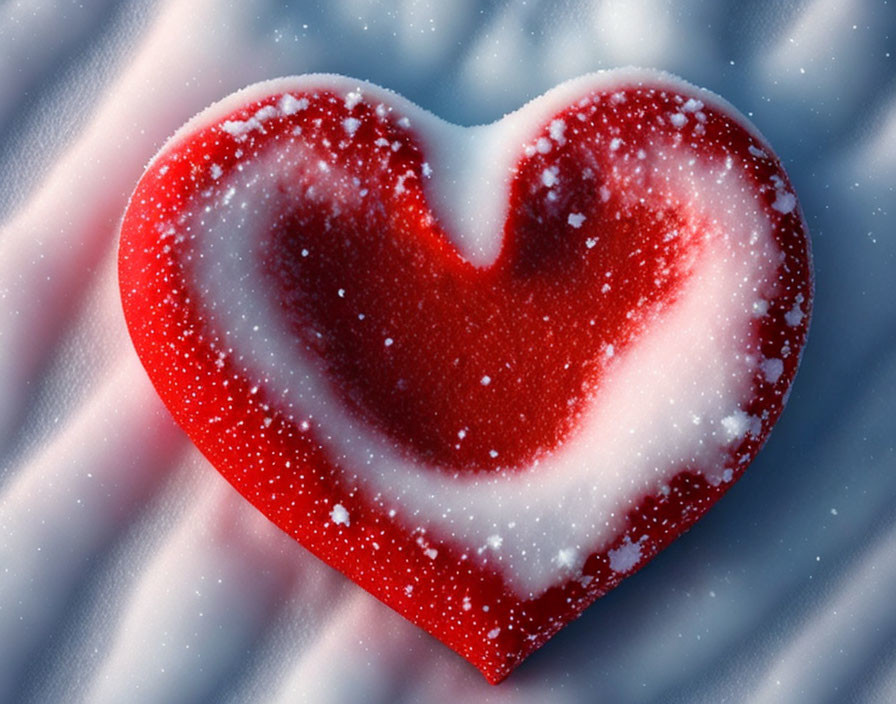 Red heart with snowflakes on wavy snowy background symbolizing love in winter