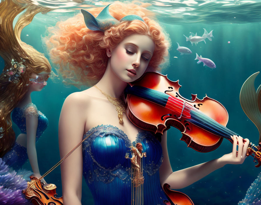 Ethereal underwater scene with red-haired woman playing violin surrounded by fish