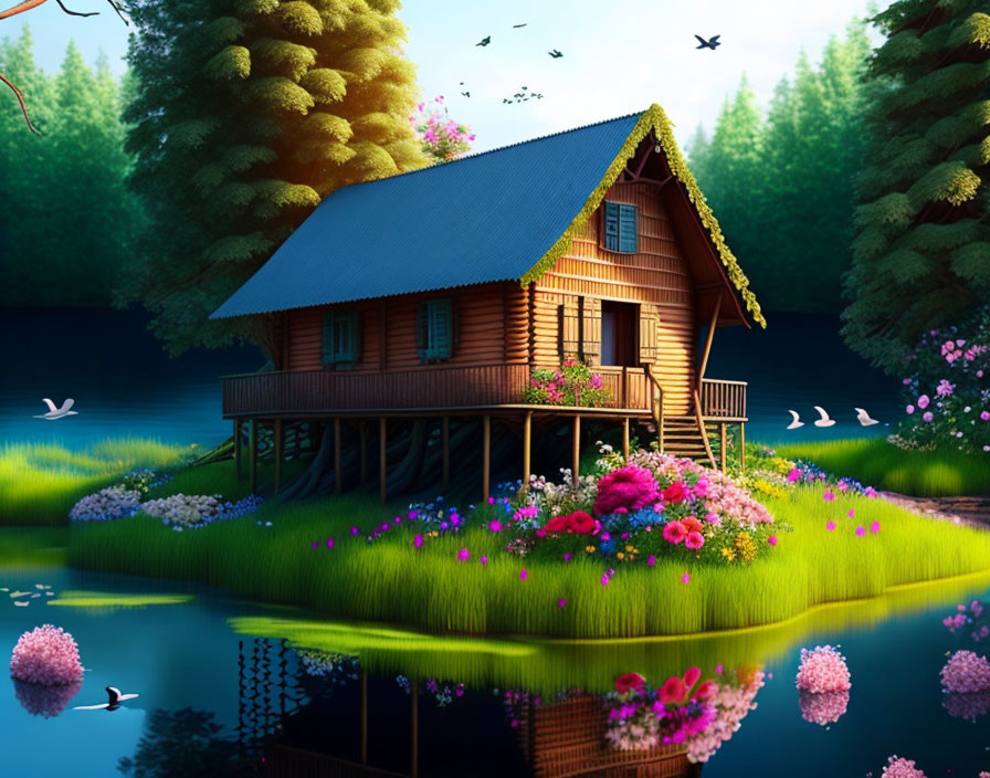 Wooden House on Stilts Surrounded by Lake and Greenery at Twilight