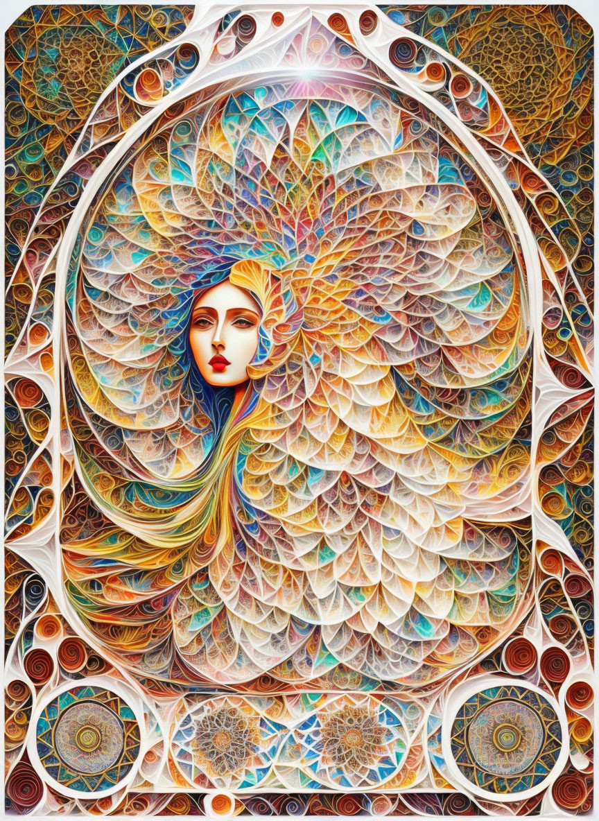 Colorful digital artwork: Woman with flowing hair in psychedelic, mandala-inspired setting