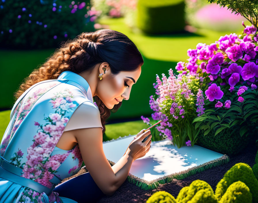 Woman in Floral Dress Writing Beside Purple Flowers