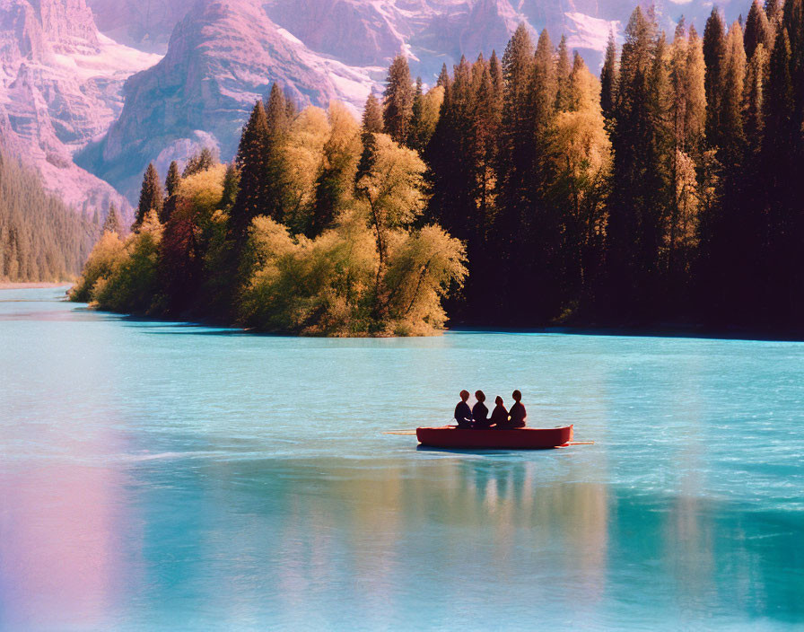 Four People in Red Canoe on Turquoise Lake with Mountain Backdrop