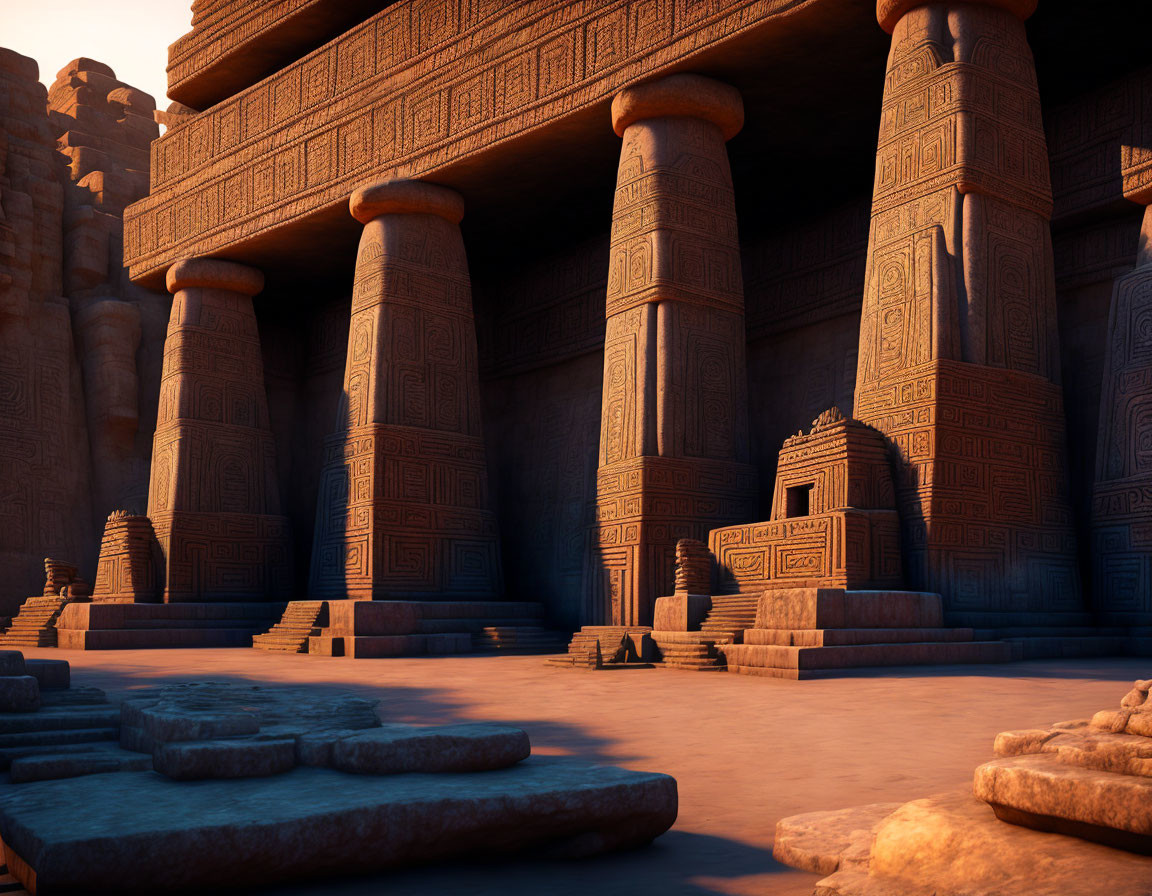Ancient temple with hieroglyph-adorned columns at sunset