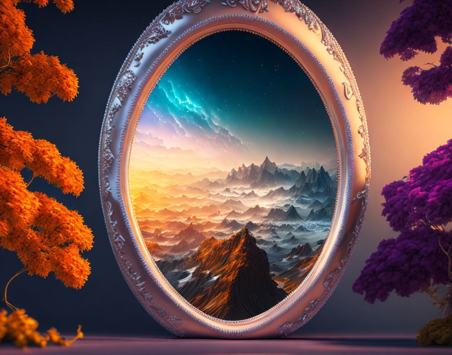 Surreal landscape with vibrant trees and mountain range in oval mirror