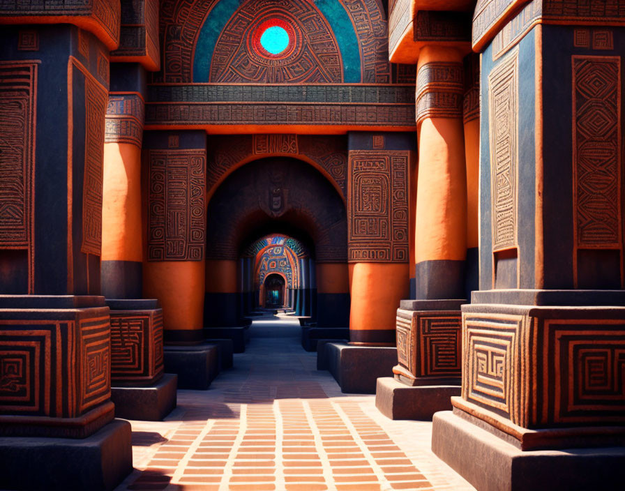 Intricate patterns on towering pillars in a warm, illuminated corridor
