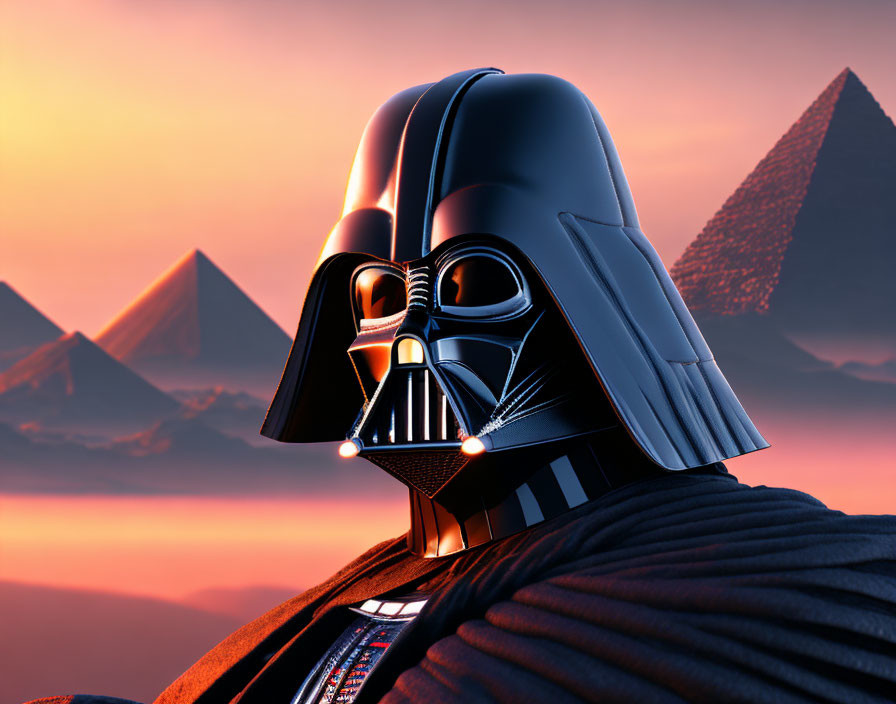 Detailed Darth Vader illustration with Egyptian pyramids and sunset backdrop