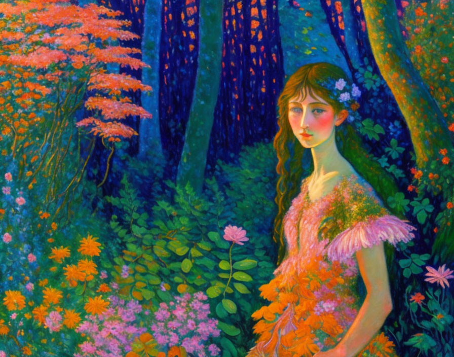 Colorful forest painting featuring woman in flower-adorned dress