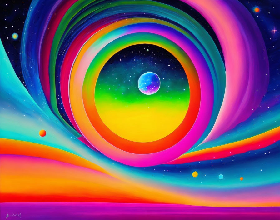 Colorful cosmic painting: swirling rainbow around central blue planet