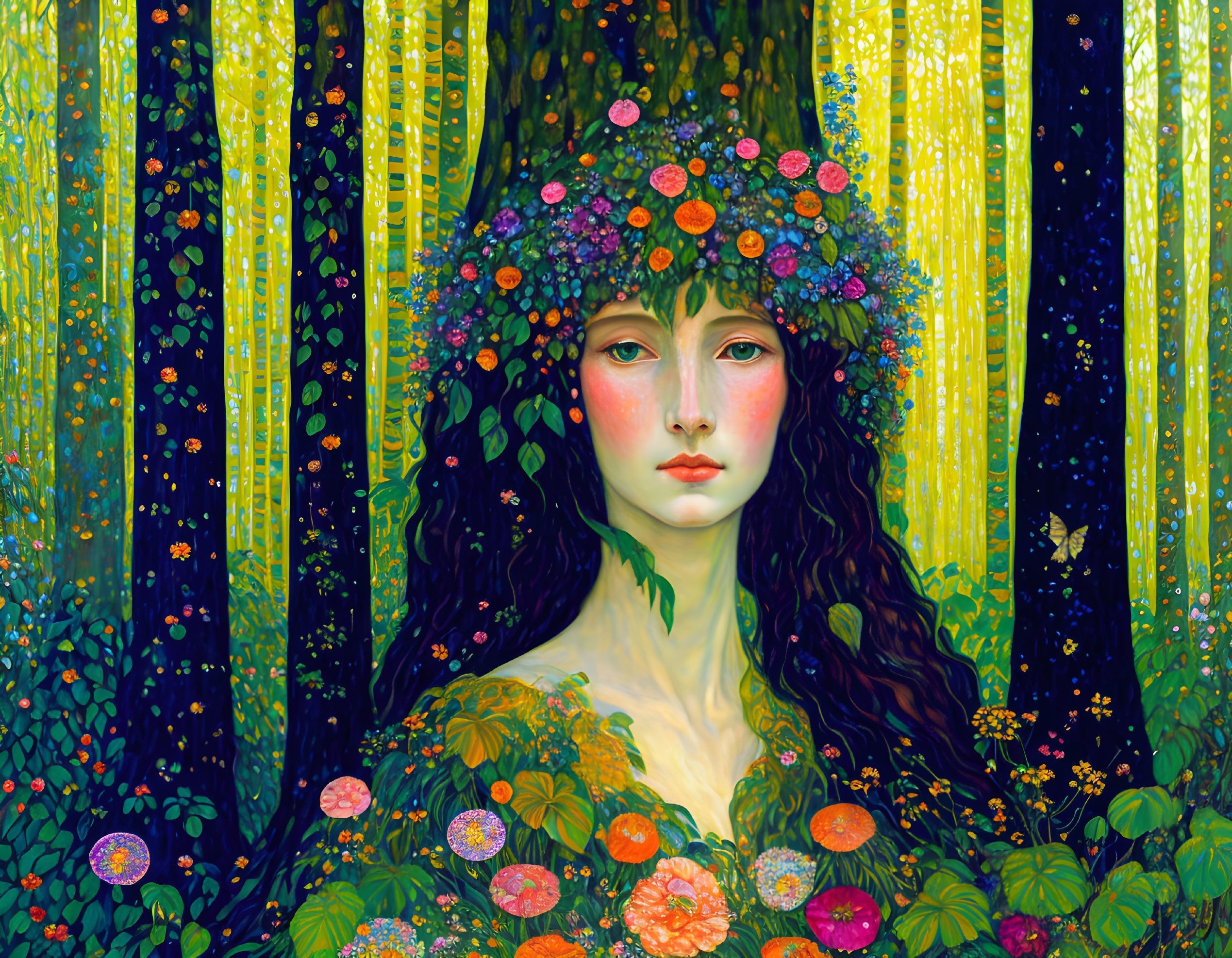 Colorful Illustration: Woman with Floral Crown in Enchanted Forest