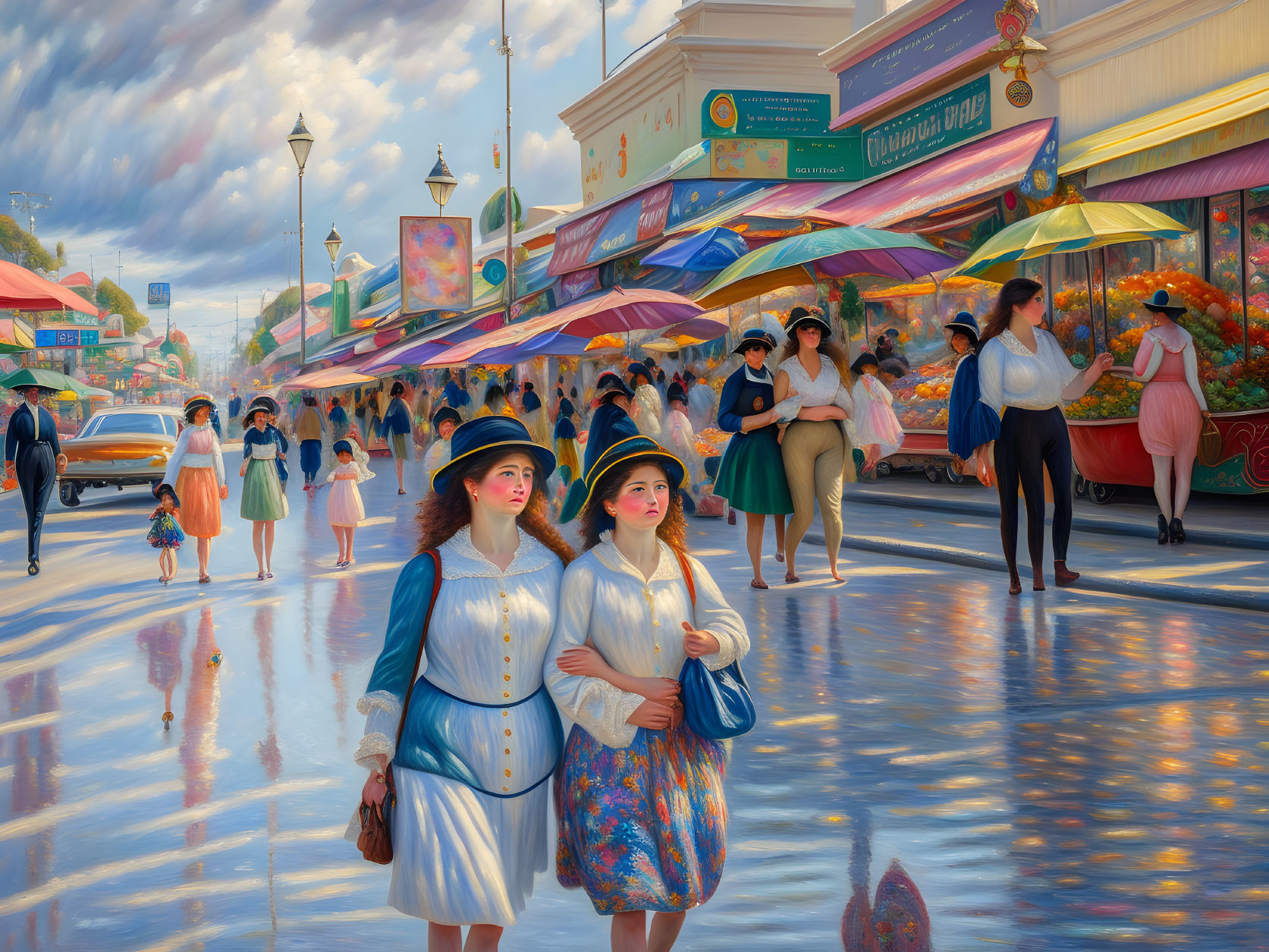 Colorful umbrellas and bustling market in vibrant street scene