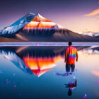 Colorful Attire Figure by Tranquil Lake Reflecting Snow-Capped Mountain at Dusk
