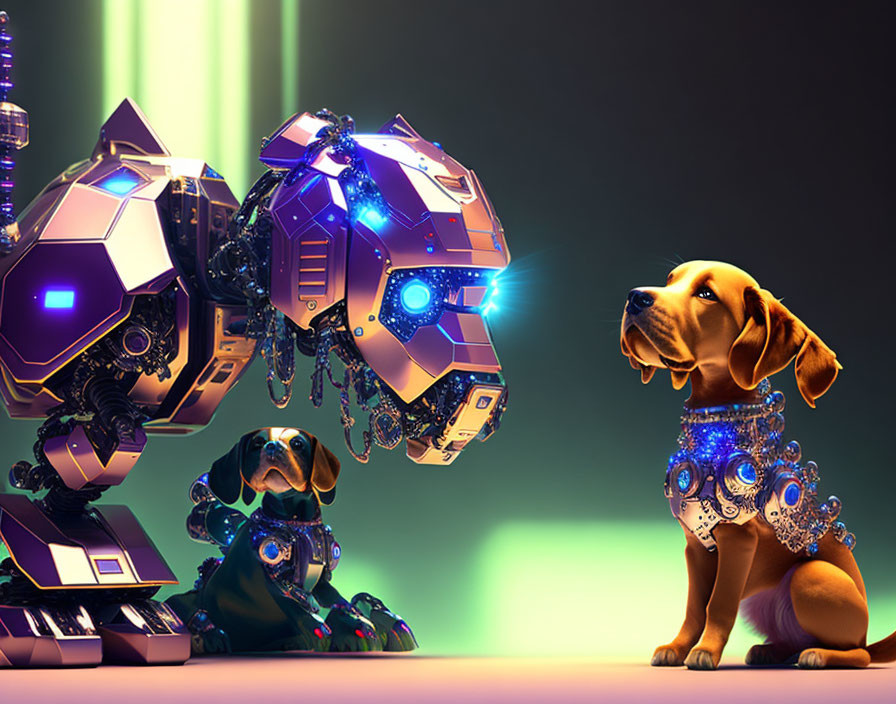 Futuristic armored dog meets large spherical robot in neon-lit scene