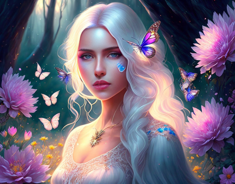 Digital Art Portrait of Woman with White Hair, Blue Eyes, Pink Flowers, Butterflies in Mystical