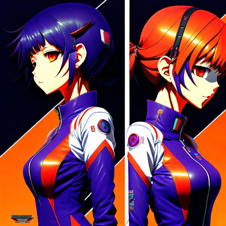 Two animated characters with unique hairstyles and colored suits on orange and black backdrop