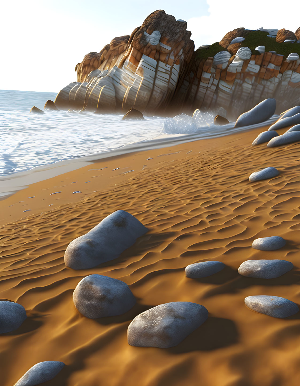 Tranquil beach scene with pebbles, golden sand, and rock formations