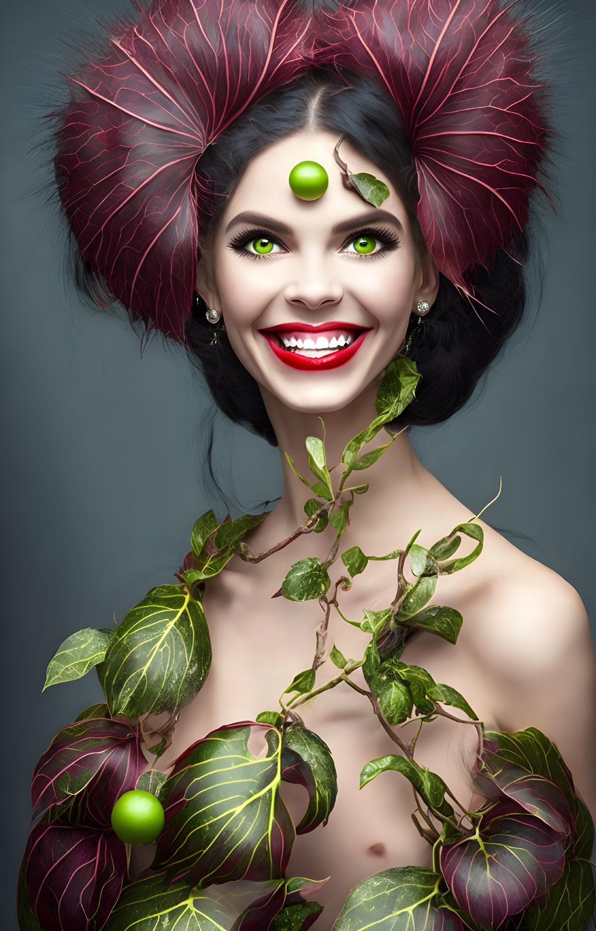 Smiling woman with red spiky hair and green ornament in stylized portrait