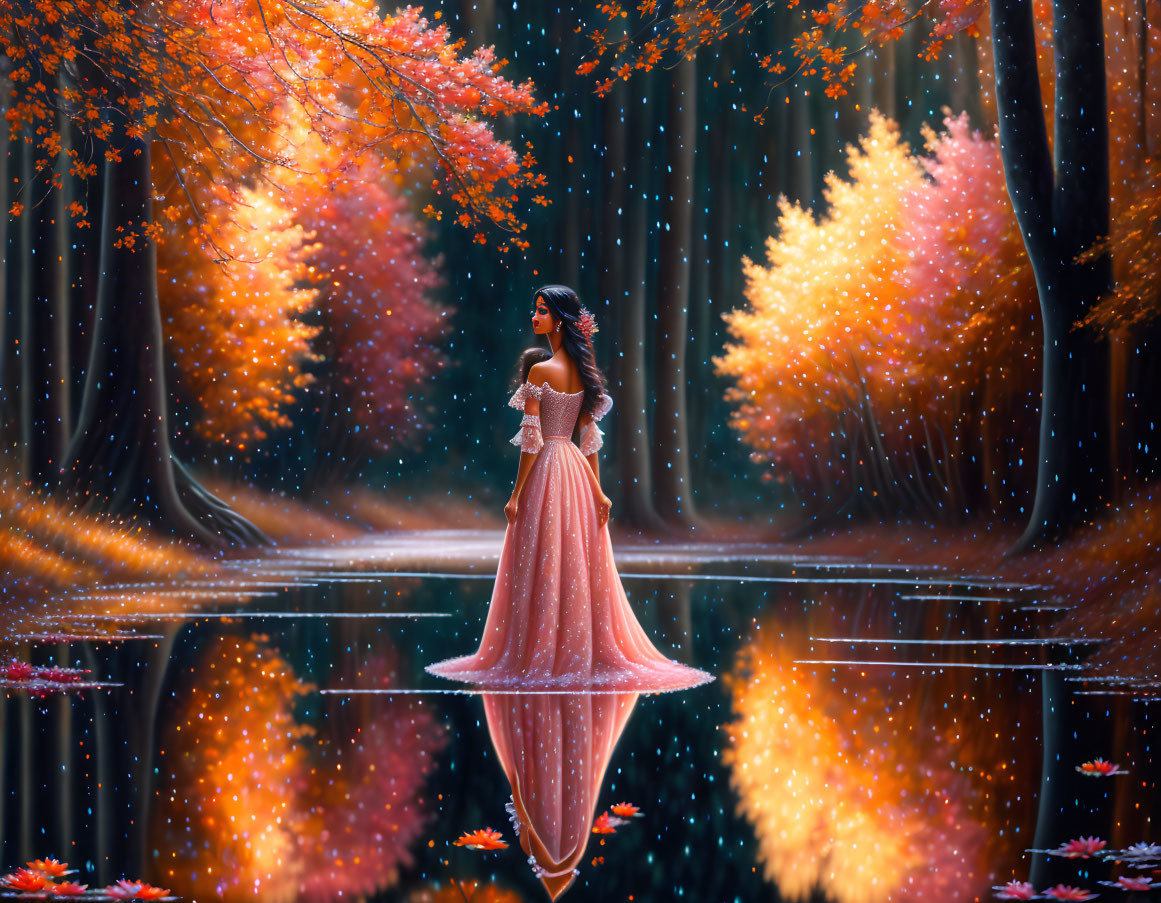 Woman in Pink Gown Stands in Enchanted Autumn Forest