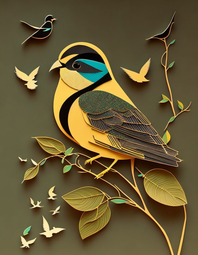 Paper-crafted yellow bird on branch with leaves and flying birds against tan background