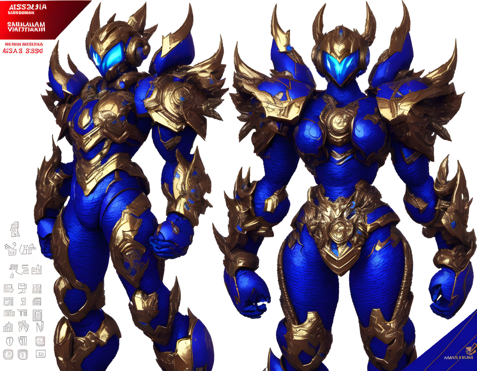 Detailed Concept Art: Character in Blue and Gold Armor with Horned Helmet