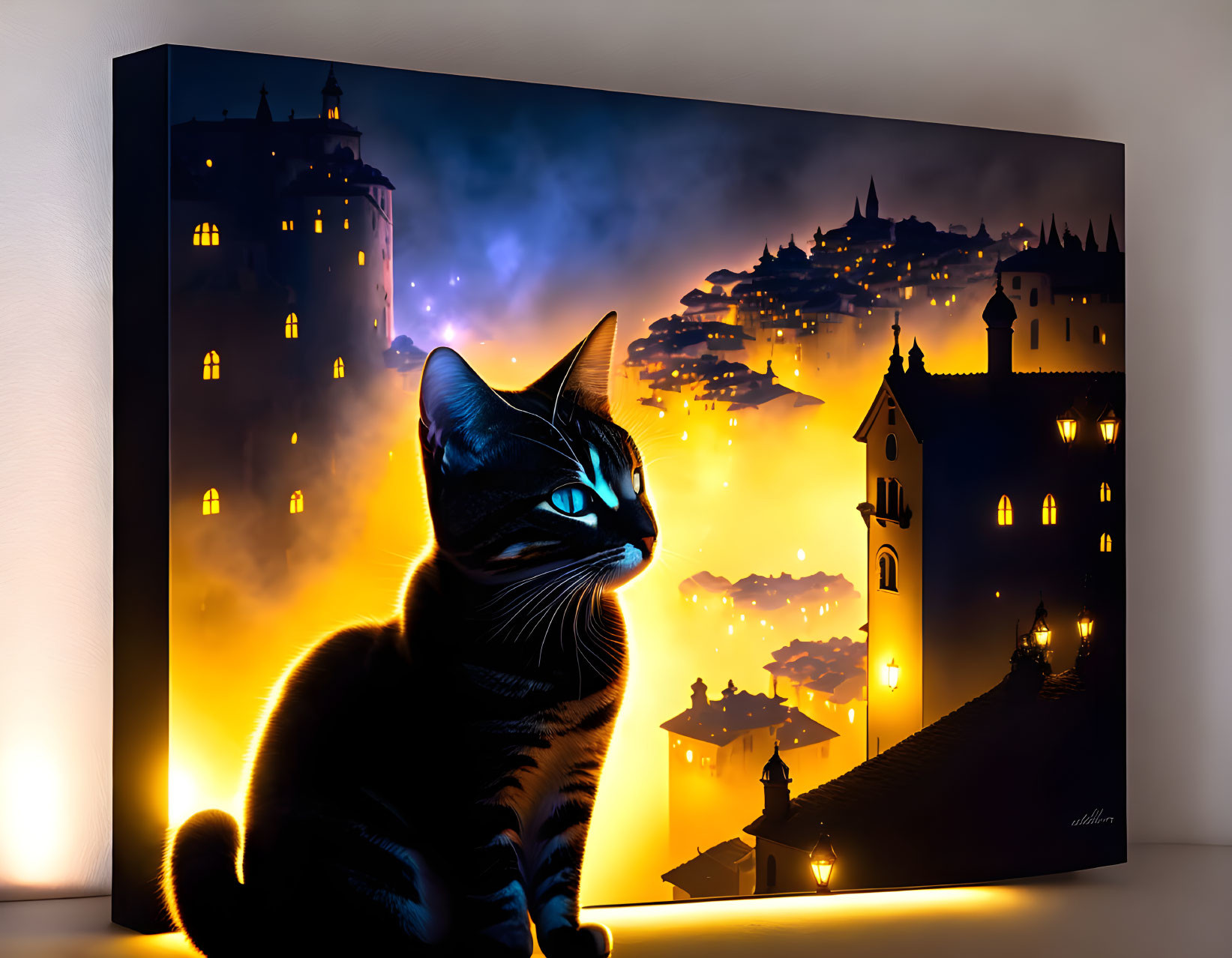 Canvas Print: Black Cat with Blue Eyes in Twilight Cityscape