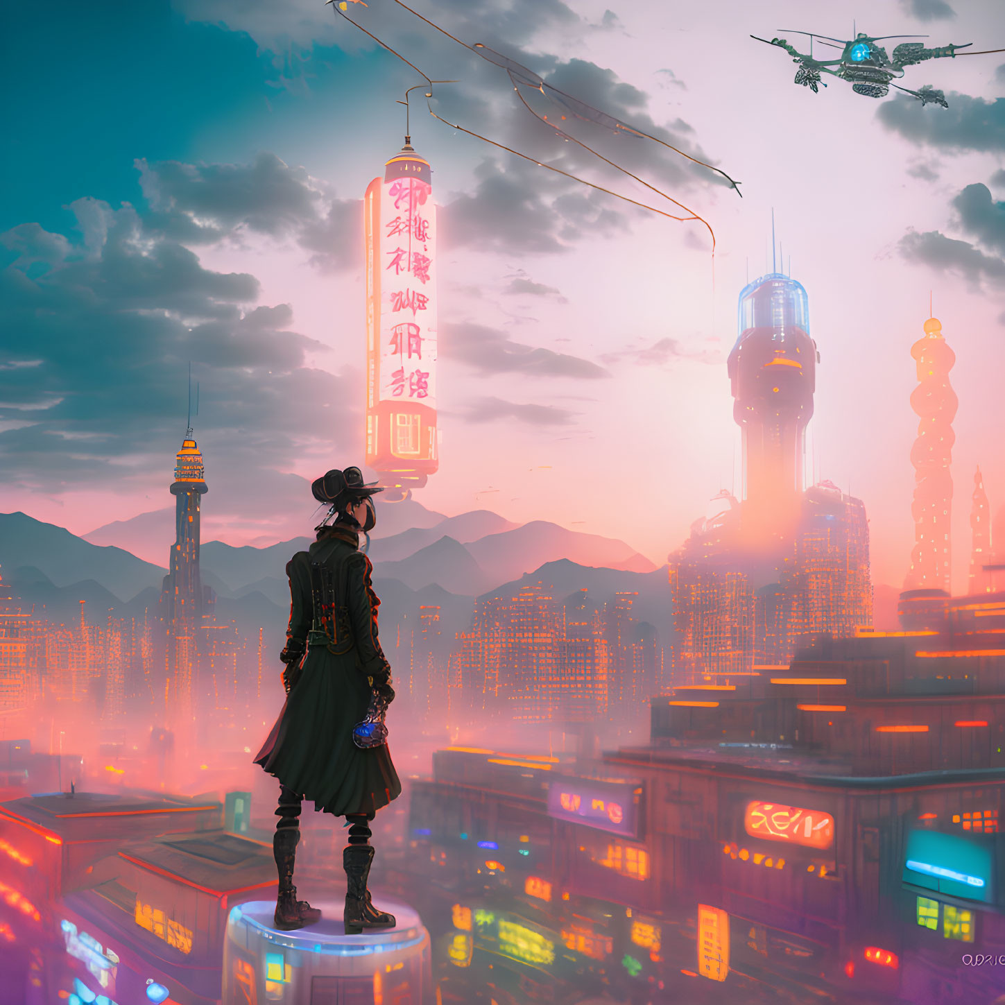 Cyberpunk cityscape: towering skyscrapers, neon signs, figure in long coat, drone