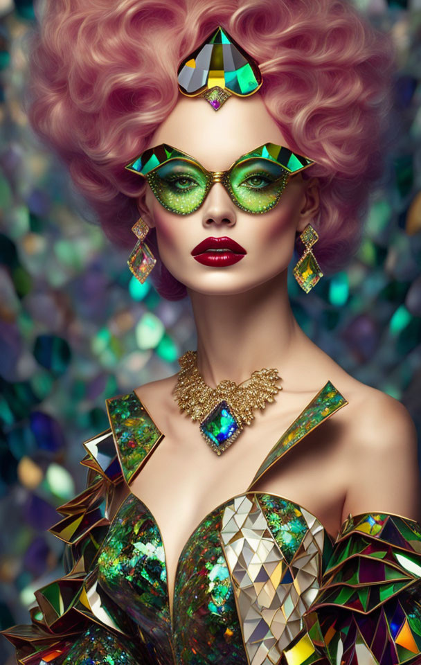 Pink-haired woman in geometric dress with gemstone sunglasses on kaleidoscope background.