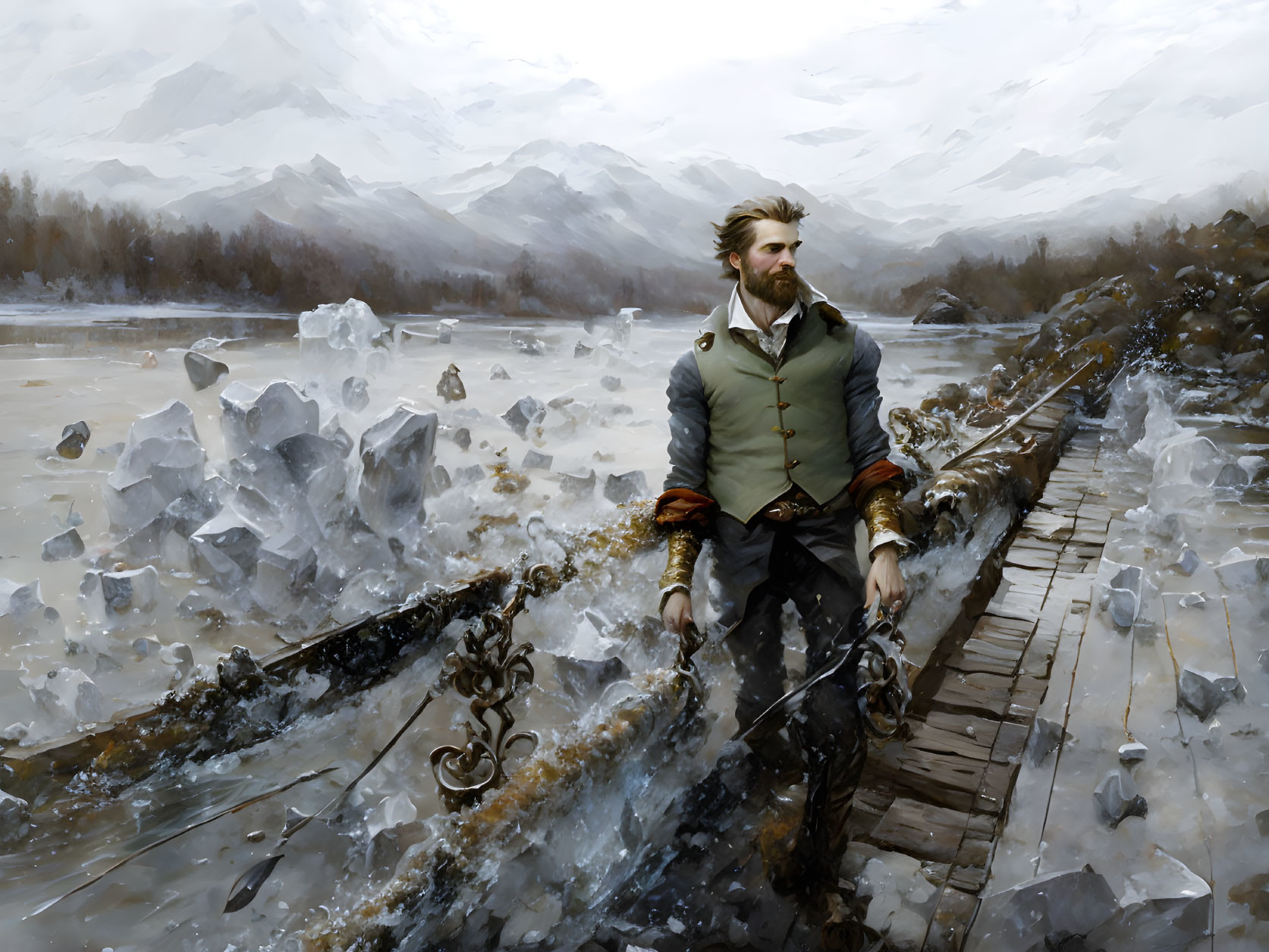 Bearded man on wooden bridge in icy landscape with anchor and chain
