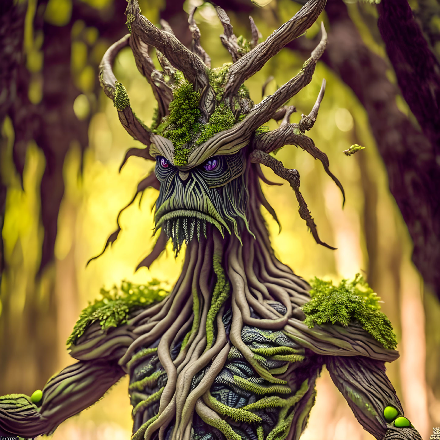 Anthropomorphic forest creature with tree root face and moss antlers