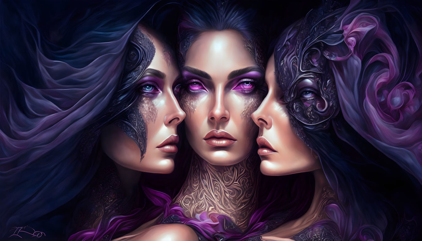 Three women with violet eyes and ornate tattoos on mystical purple background.
