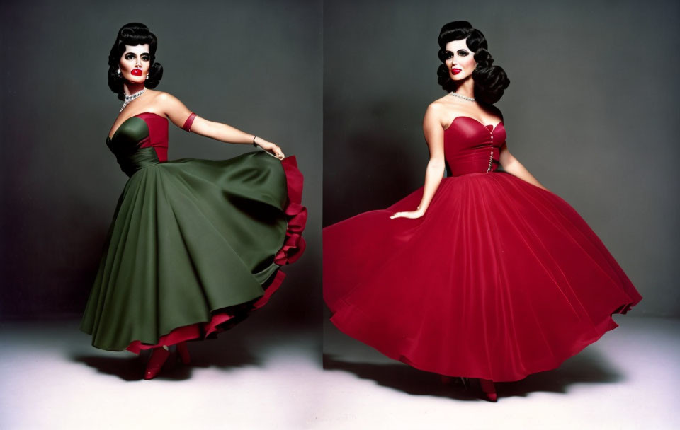 Vintage-style red and green dress woman posing twice with flowing skirt and pin-up hairstyle