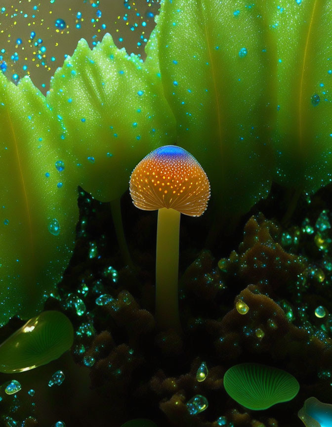 Luminescent orange-capped mushroom in vibrant setting