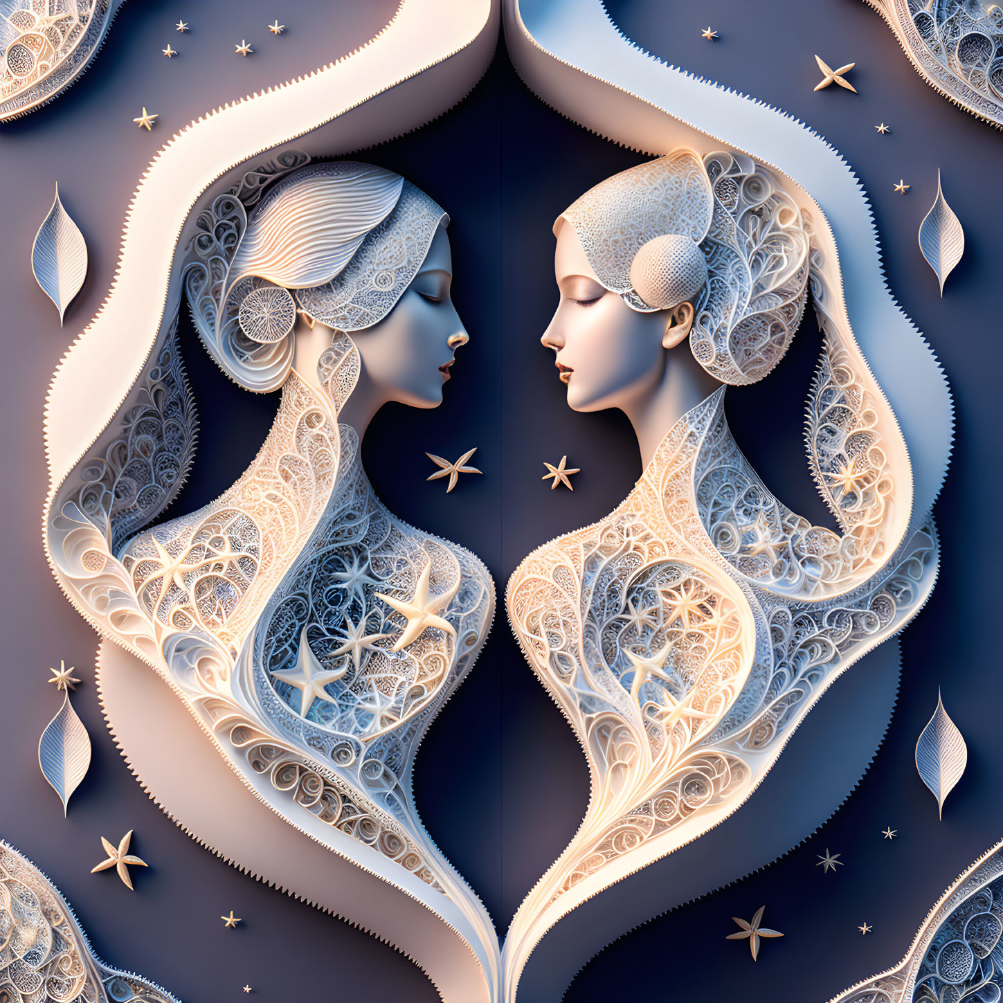 Symmetrical celestial-themed faces with stars and leaves on blue background