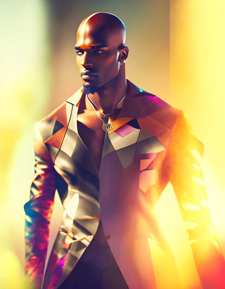 Man in Geometric Blazer with Shaved Head and Colorful Lighting