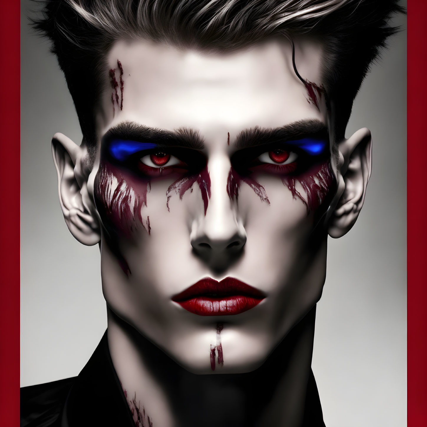 Portrait of person with pale skin, dramatic makeup in vampire-like, gothic style