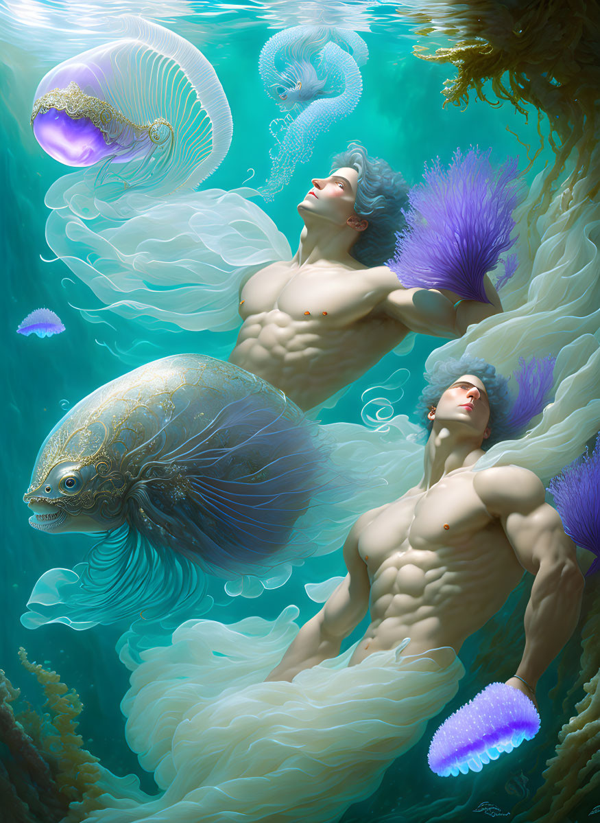 Ethereal figures underwater with jellyfish and sea life in aquamarine dreamscape