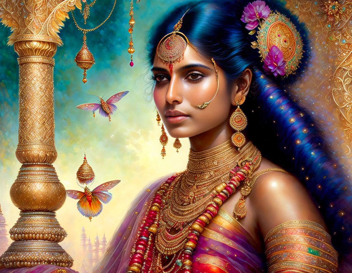 Detailed illustration of woman in traditional attire with gold jewelry in fantastical setting.