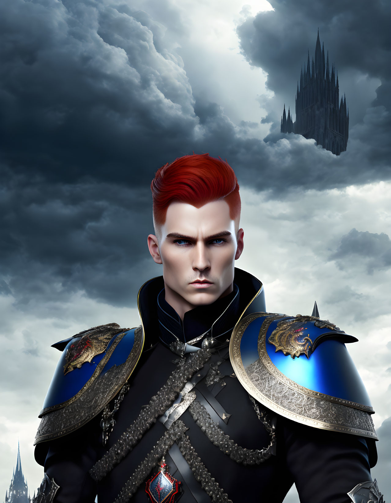 Male character in red hair and medieval armor under stormy sky with castle.