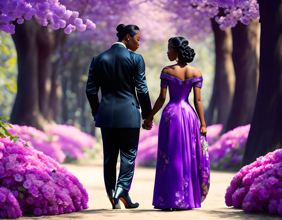 Formal Couple Walking Through Path of Purple Flowers