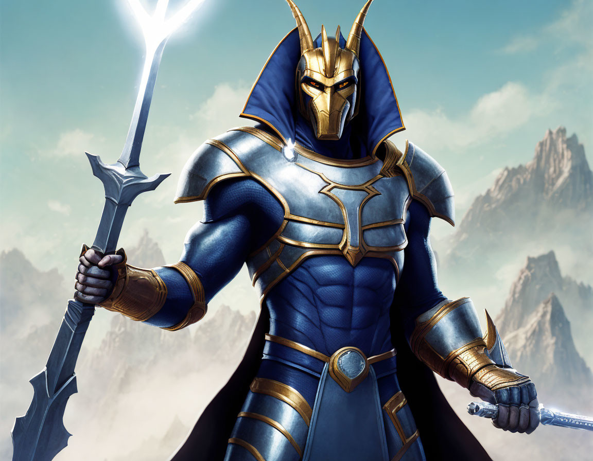 Majestic knight in blue and gold armor with sword and spear against mountainous backdrop