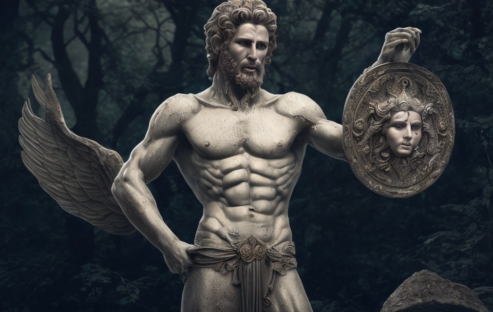 Muscular winged mythological figure statue with shield in dark forest.