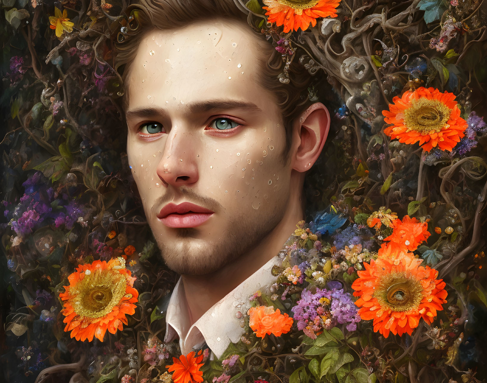 Portrait blending with vibrant orange flowers and green leaves